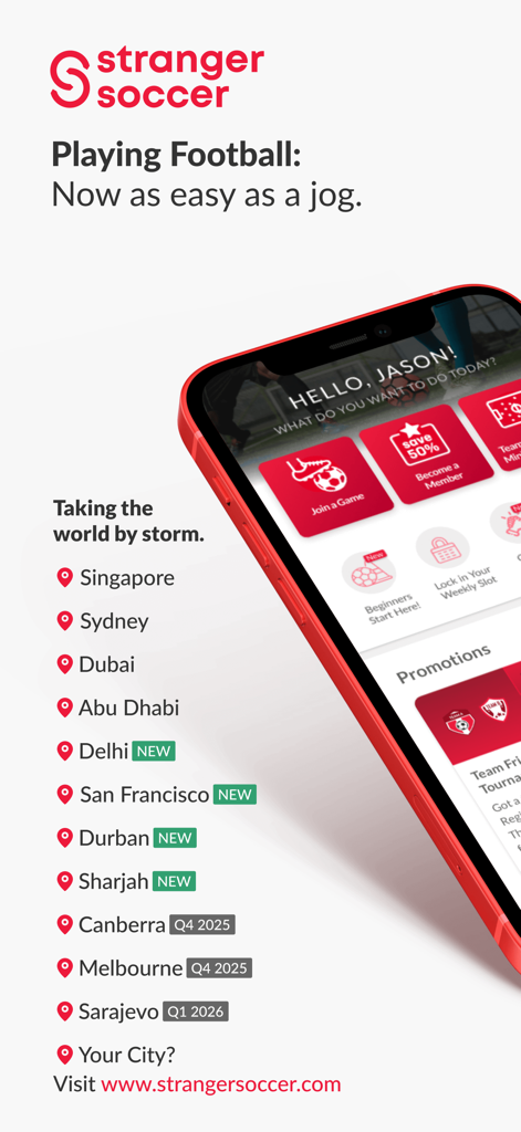 Stranger Soccer app interface showing booking features and a list of international cities where games are available.