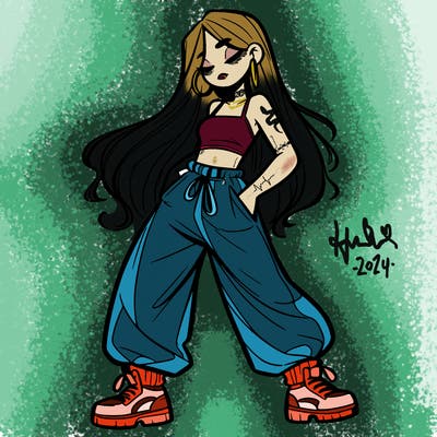 girl in baggy pants crop top and long hair