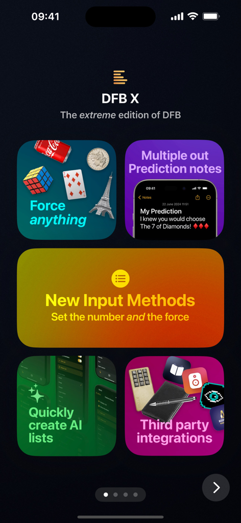 DFB X (Digital Force Bag X) - Overview of DFB X magic app features including prediction notes and AI lists
