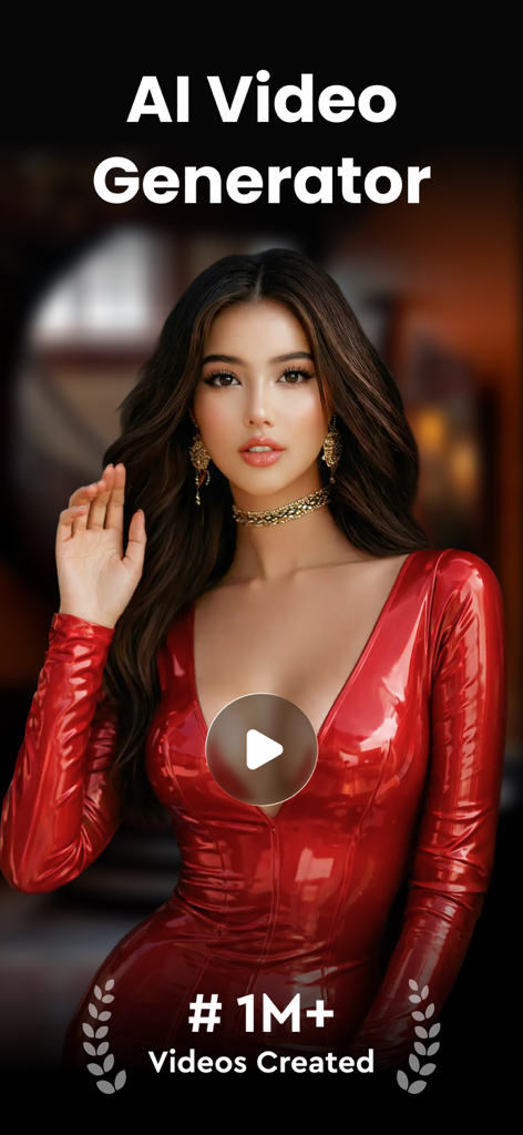 AI Photo to Video - Daziro - AI Video Generator Daziro app interface featuring a woman in a red dress and a play button.
