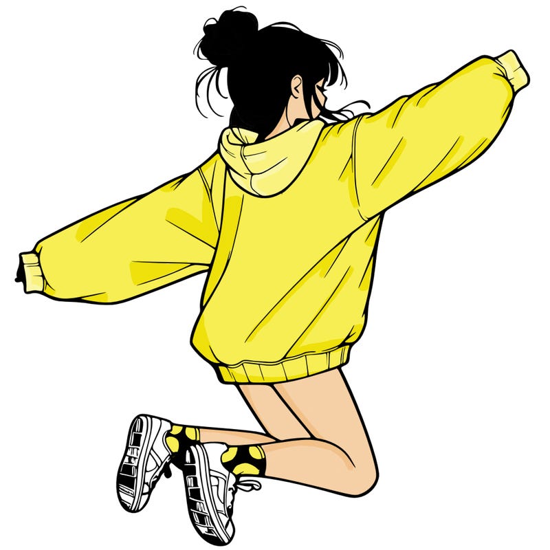realistic girl jumping with a bun and oversized sweatshirt