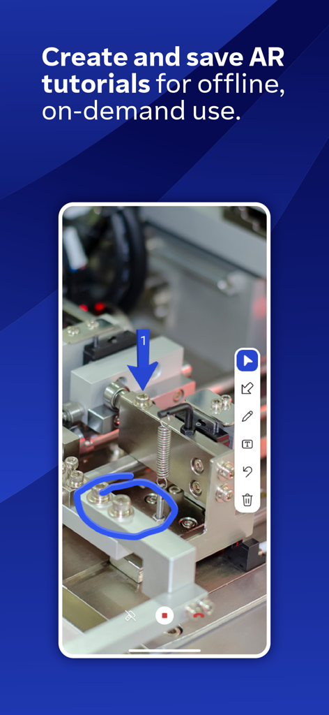 Pantalla de smartphone mostrando la aplicación TeamViewer Assist AR con anotaciones 3D en maquinaria industrial para crear tutoriales