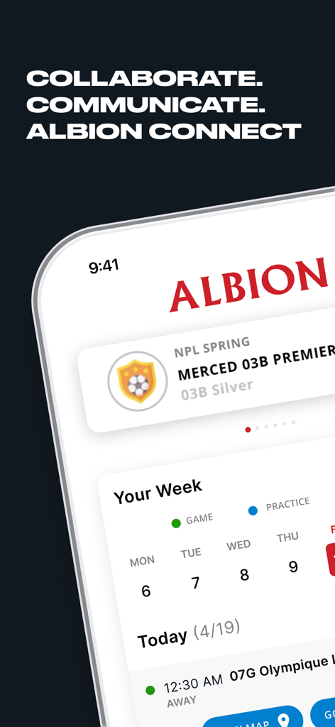 ALBION Connect - ALBION Connect app screenshot showing the weekly soccer schedule for games and practices