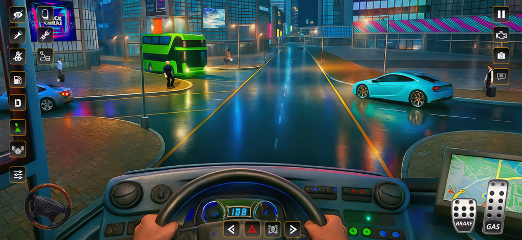 City Coach 3d Bus Driver Game - Vista en primera persona de la conducción de un autobús en una ciudad por la noche con volante y pedales
