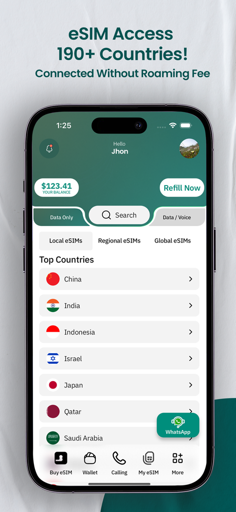 iPhone-Bildschirm, der die Benutzeroberfläche der eSIM-Card-App mit einer Liste von Top-Ländern für globale Datentarife anzeigt