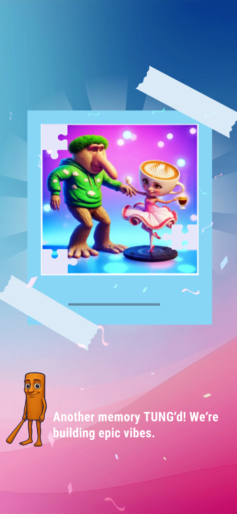 Brainrot Tile Match IQ - Merge - Tela de conclusão de quebra-cabeça no Brainrot Tile Match com personagens de memes dançando e texto de vibrações épicas