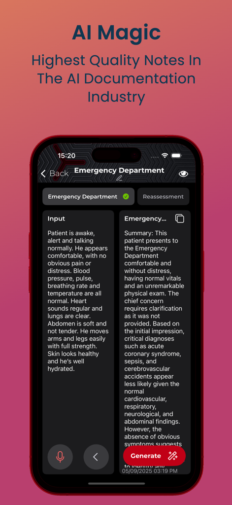 Document Medical - Interfaz de la aplicación móvil Document Medical que muestra resúmenes generados por IA y notas clínicas para profesionales de la salud