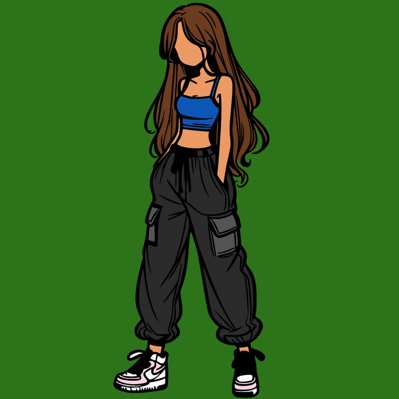 girl in baggy pants crop top and long hair