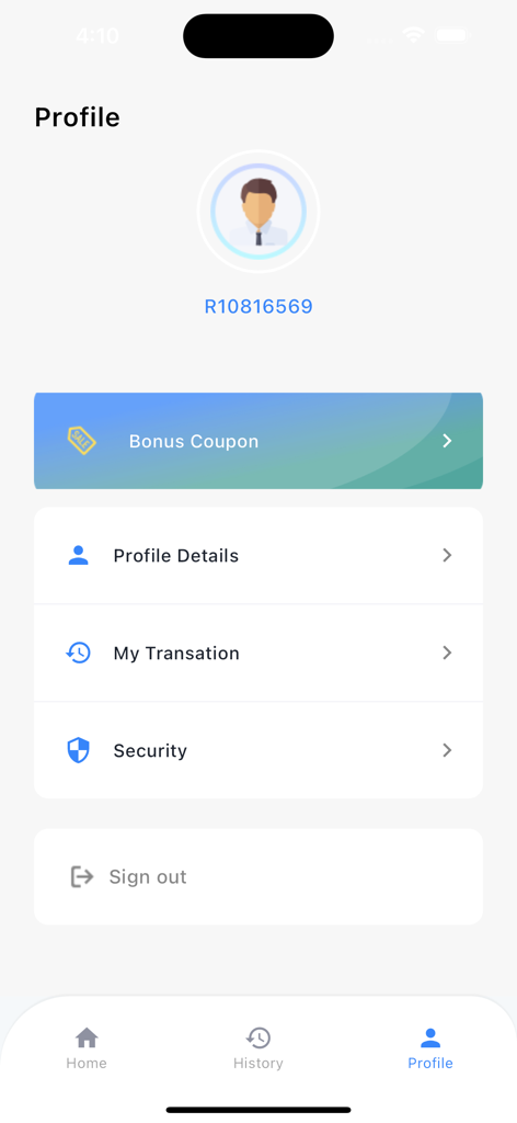 TradeCard - TradeCard app profile screen displaying account details, transaction history, and security settings.
