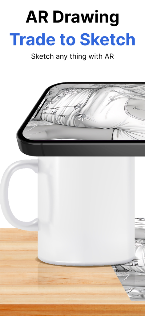 AR Drawing: Easy Sketch - Smartphone balanced on a white mug used as a stand to project an image for tracing onto paper using an AR drawing app.