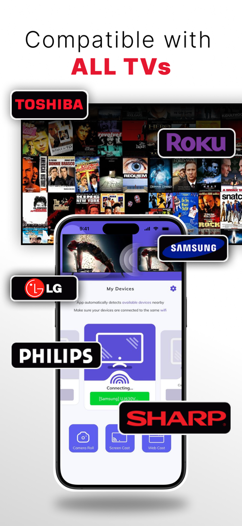 Dou Wan - Screen Mirroring - Interface of Dou Wan app showing screen mirroring compatibility with major TV brands like Samsung LG and Roku