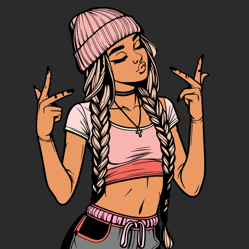 realistic teenage girl with braids and a beanie and crop top doing 🫶🏼