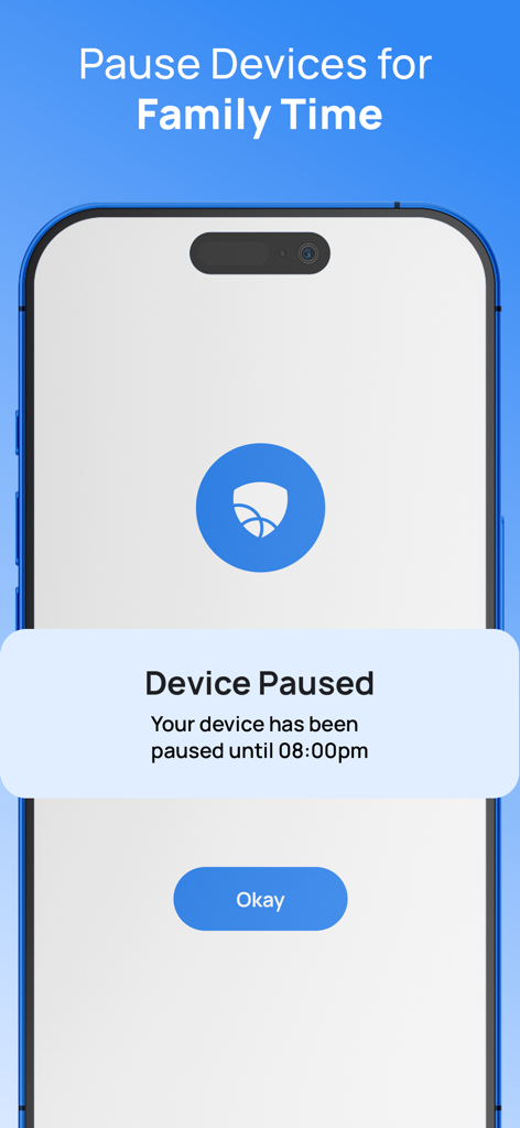 Parental Control App: Mobicip - A smartphone screen showing a 'Device Paused' notification from the Mobicip app for family time.