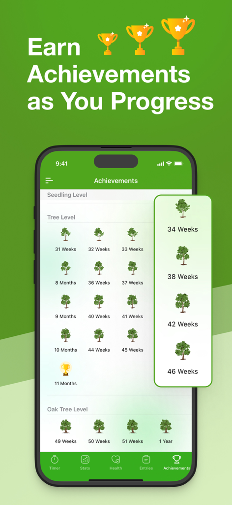 Grounded: Quit Weed Smoking - Grounded app achievements screen showing tree growth milestones for tracking cannabis sobriety progress.