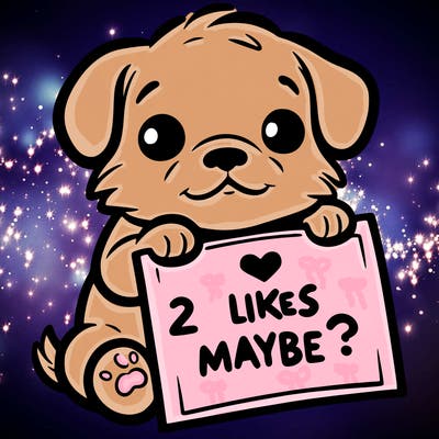 a puppy holding a sign that says 2 likes maybe?