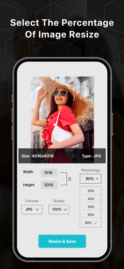 Photo Resizer & Compressor - App screen showing options to resize a photo by percentage with width and height settings