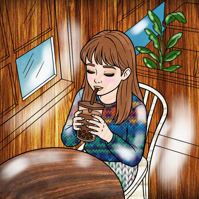 a teenage girl with bangs and long hair drinking boba at a restaurant with her eyes closed with the boba in her hands.