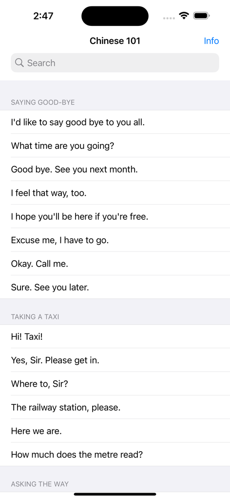 Speak Chinese 101 - Speak Chinese 101 app displaying categorized English phrases for saying goodbye and taking a taxi