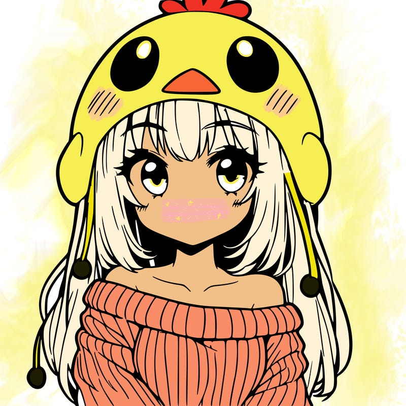 anime girl with chick shaped hat with sweater with bare shoulders with bangs covering them one eye with low tail