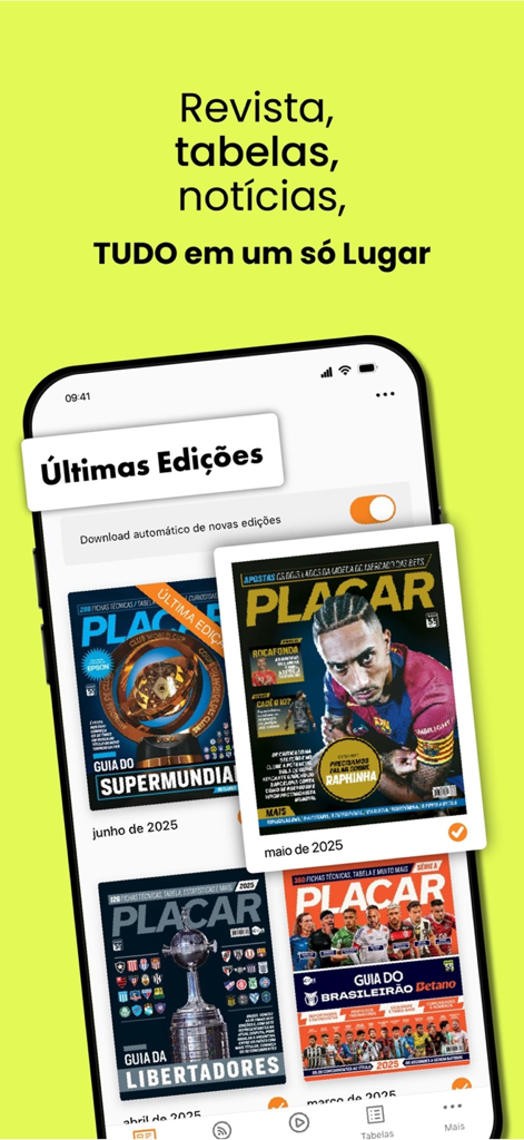 Revista Placar Digital - Pantalla de smartphone que muestra las últimas ediciones de la revista de fútbol Revista Placar Digital