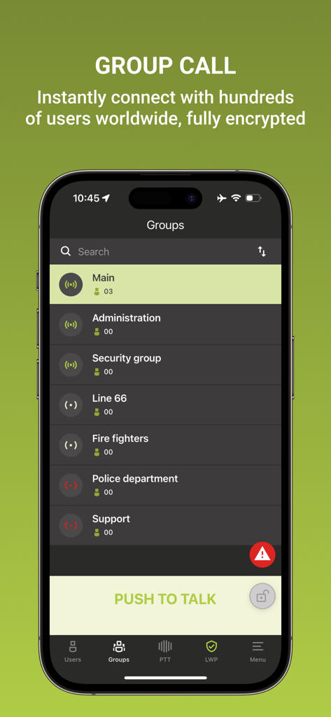 TASSTA T.Flex - TASSTA T.Flex mobile app interface showing communication groups and a push to talk button for mission critical communication
