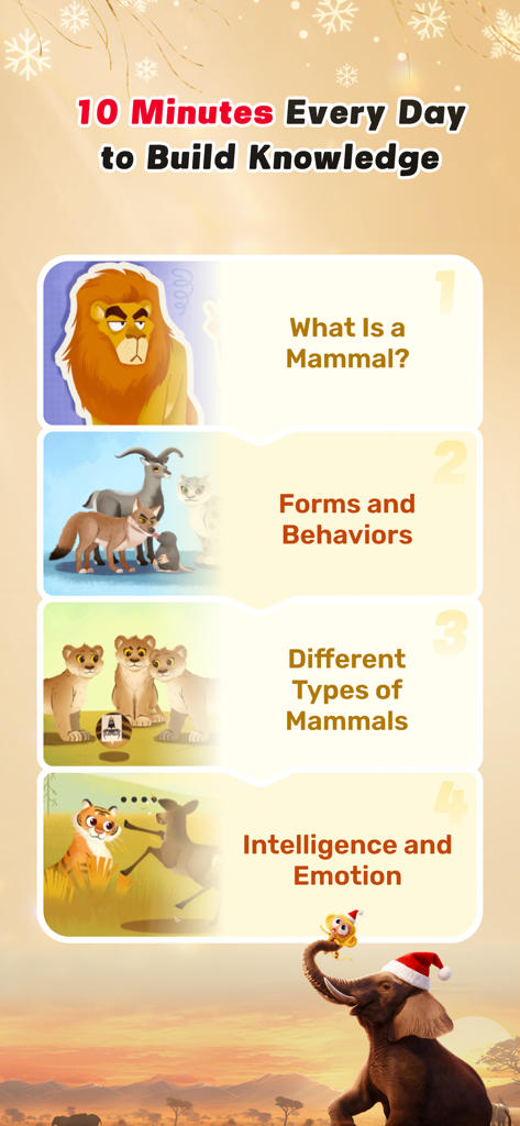Cretapedia: Science Learning - Cretapedia app screen showing a four-part daily lesson plan about mammals with colorful animal illustrations