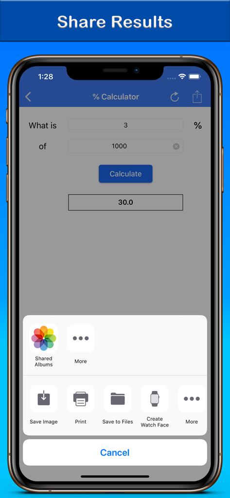 % Percentage Calculator - iPhone screenshot showing the share menu options for a calculation result in the Percentage Calculator app.