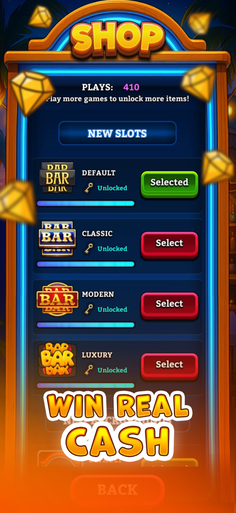 Interfaccia del negozio dell'app Slots Mania che mostra vari temi di slot machine sbloccati e un messaggio di vincita di denaro reale.