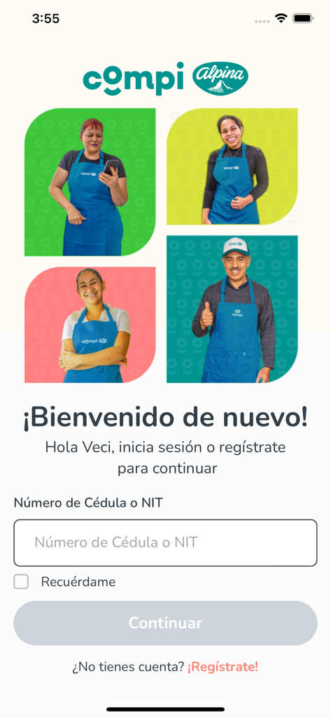 Compi Alpina - Pantalla de inicio de sesión y bienvenida de Compi Alpina para distribuidores