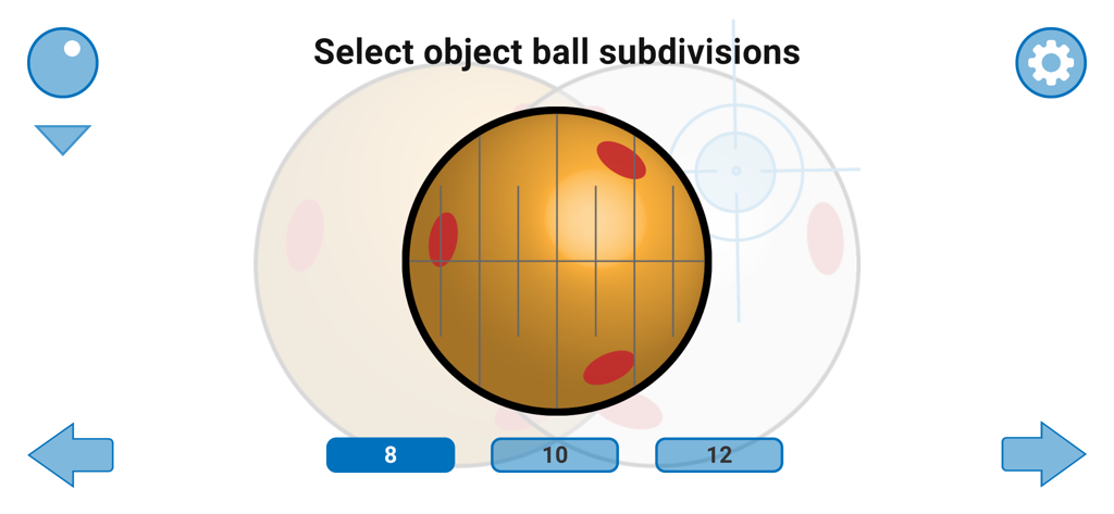 Billiards Aiming Assistant - A screen in the Billiards Aiming Assistant app showing the selection for object ball subdivisions with options for 8, 10, and 12 grid lines.