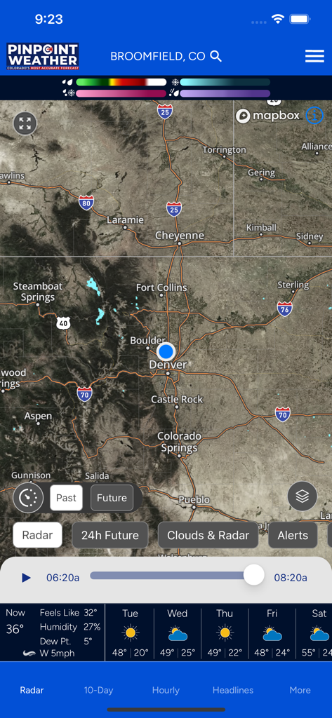 Weather radar map showing Denver Colorado and the local forecast on the Pinpoint Weather app