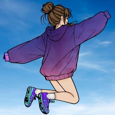 realistic girl jumping with a bun and oversized sweatshirt