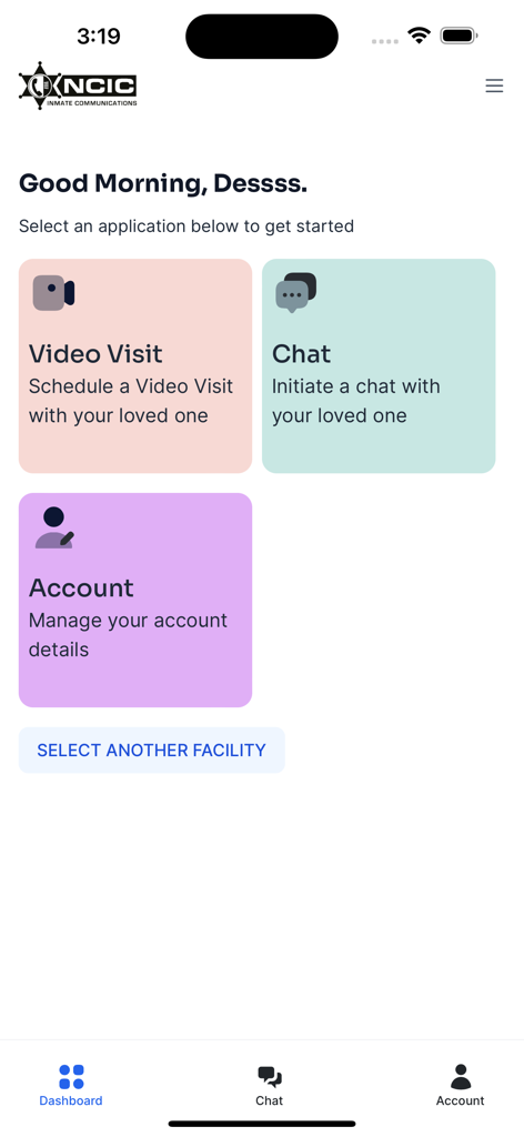 Main dashboard of the NCIC Mobile Video Visitation app featuring options for video visit chat and account management