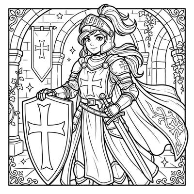 Step into the past with this magnificent coloring page featuring a courageous Female Knight Hospitaller in her shining armor. Grab your pencils and bring this medieval heroine to life with your unique artistic touch!