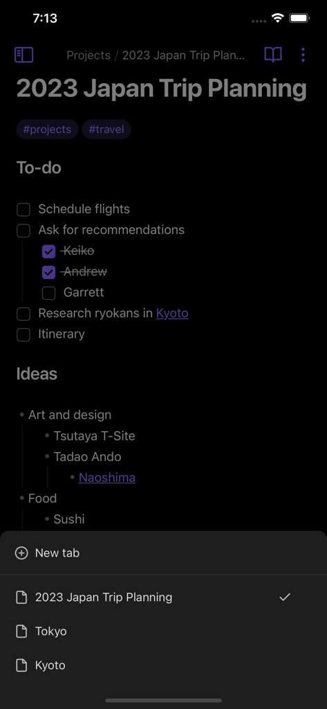 Obsidian mobile app interface showing a trip planning note with to-do checkboxes and travel ideas in dark mode