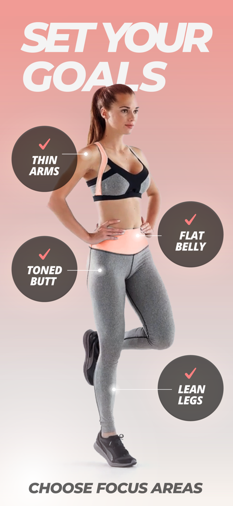 Workout & Women Fitness: BeFit - Tela do aplicativo BeFit mostrando áreas de foco de fitness para mulheres, incluindo braços finos, barriga chapada, bumbum tonificado e pernas esguias.