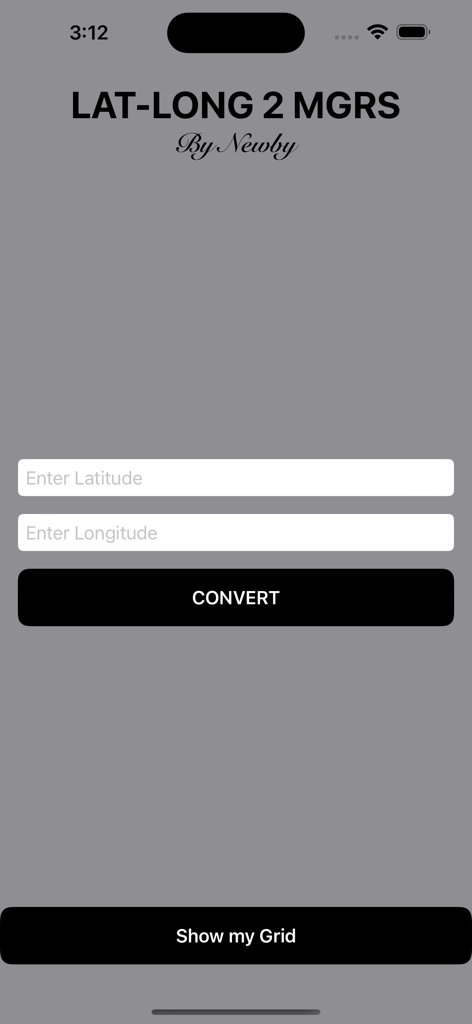 User interface of the LAT-LONG2MGRS app showing coordinate entry fields and a convert button
