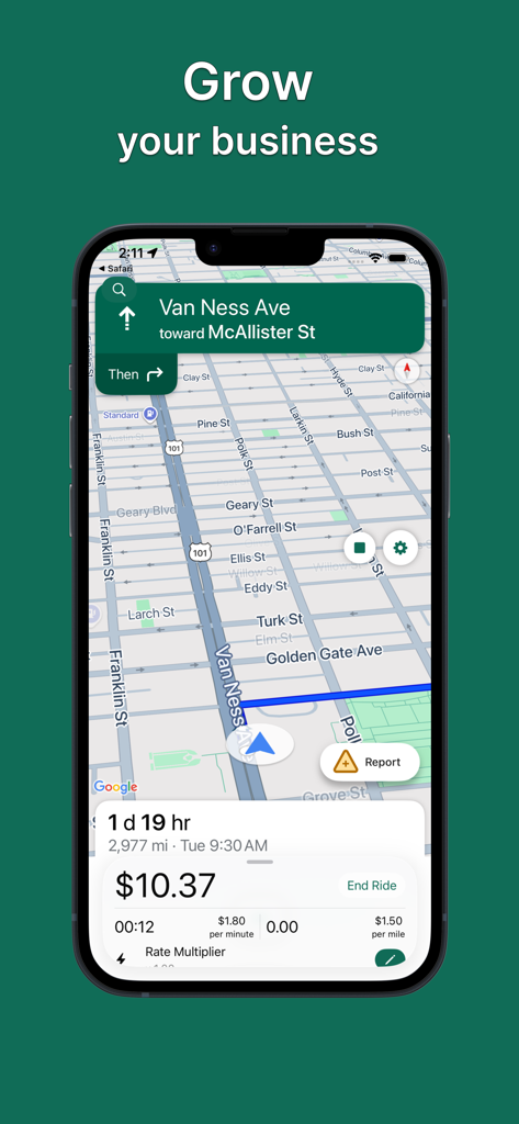 Taximeter app screen showing a map for navigation and real time fare tracking