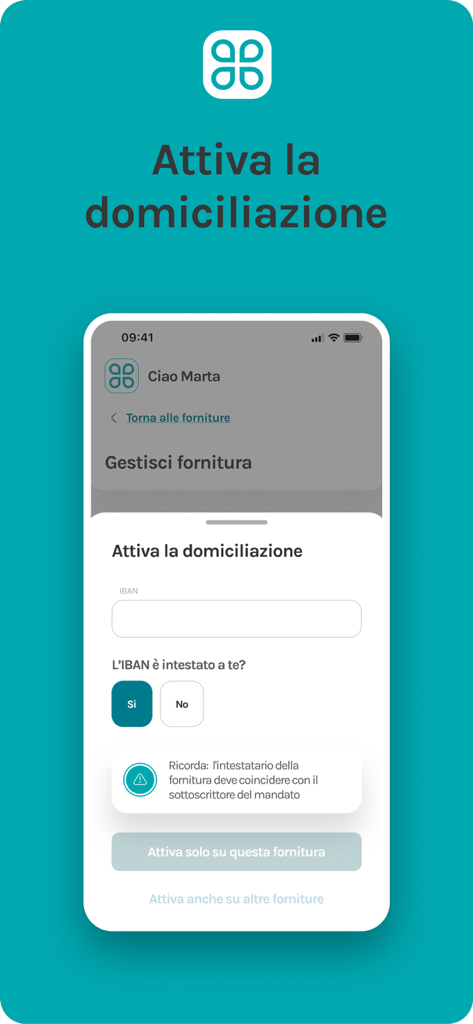 Pantalla de activación de domiciliación bancaria en la aplicación MyAcea Energia para gestionar pagos de servicios públicos