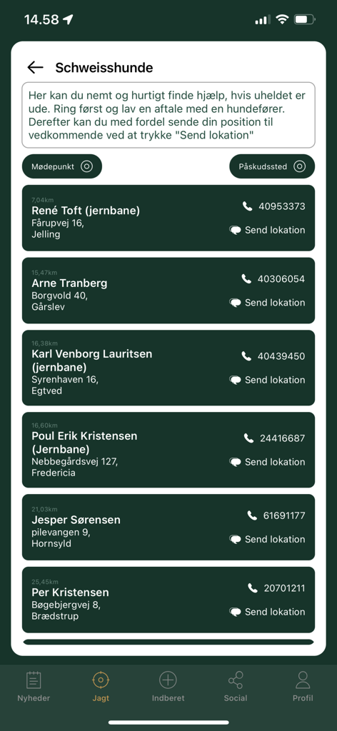 Jäger - Jagt & Jæger værktøjer - Una lista de guías de perros de rastreo registrados con números de contacto y distancias en la aplicación de caza Jäger.