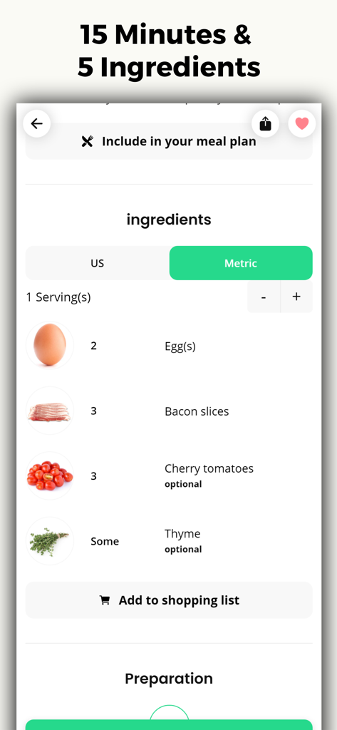 Low Carb Recipes & Keto Diet - Lista de ingredientes para una comida keto rápida en la aplicación de recetas, incluyendo huevos y tocino