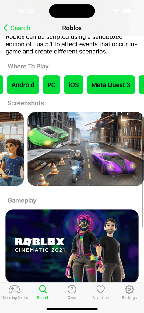 HappyMood app interface showing Roblox game details including platform availability screenshots and gameplay videos