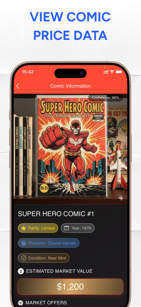 Mobile app screen showing estimated market value and details for a rare comic book