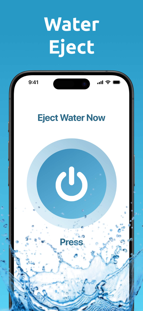 Clear Wave ‒ Water Eject - Clear Wave mobile app interface featuring a large power button to start the water ejection process from phone speakers