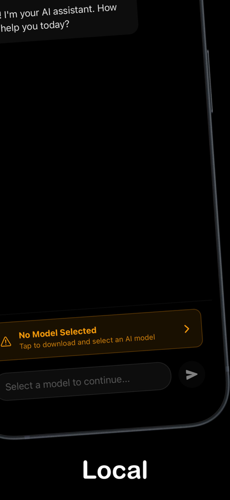 Local AI mobile app interface showing a prompt to select and download an AI model for private offline use