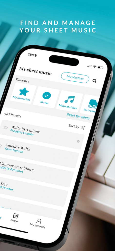 Noviscore - A smartphone screen displaying the Noviscore app library with a list of piano sheet music and search filters.