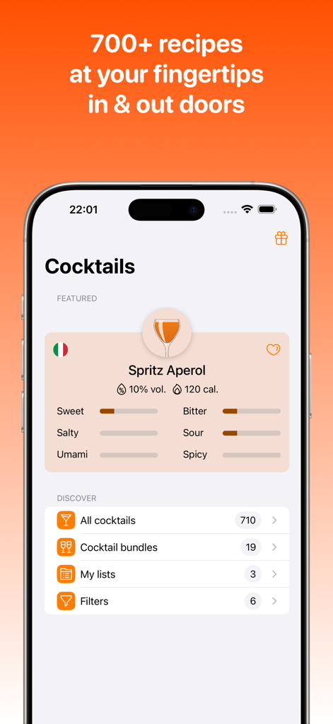 Cocktail Zone - Cocktail Zone app interface displaying a Spritz Aperol recipe with calorie and alcohol percentage details