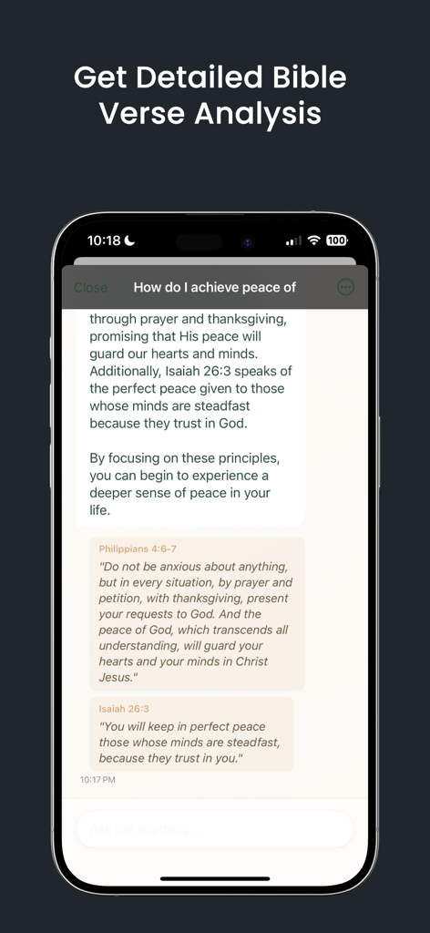 Logos: Bible Chat and Faith - Una interfaz de aplicación móvil que muestra un chat con un asistente de IA que proporciona un análisis detallado de versículos bíblicos y guía espiritual sobre cómo lograr la paz.