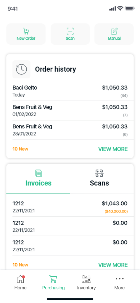 MarketMan-App-Bildschirm, der die Bestellhistorie des Restaurants und die Rechnungsverfolgung zeigt.