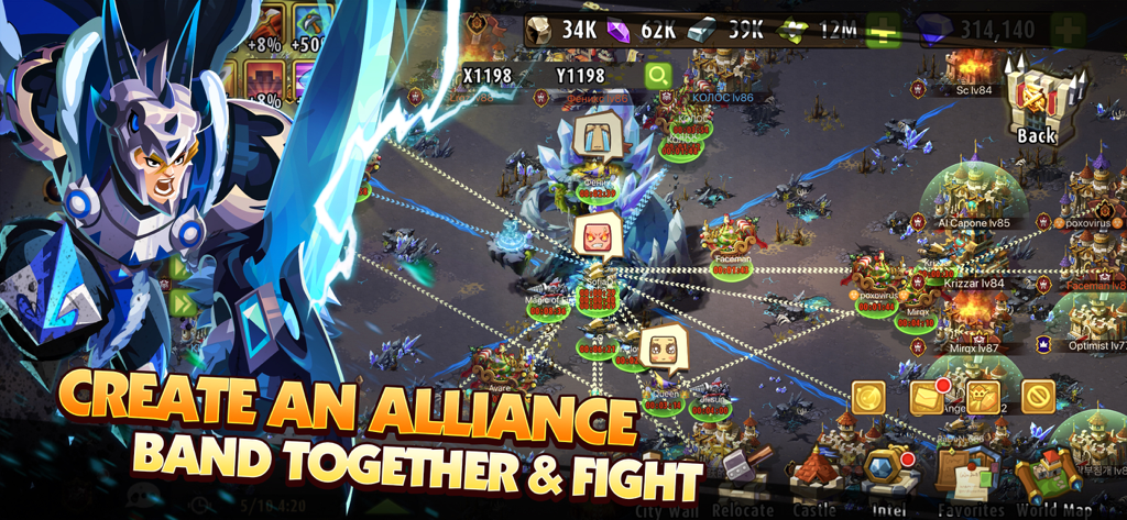 Mapa mundial do Magic Rush Heroes mostrando o território da aliança e localizações estratégicas de bases